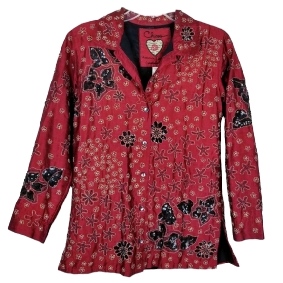 Chicos Jacket Blazer Size 0 Small Red Beaded Silk Sequin Embroidered Cardigan - Picture 1 of 14